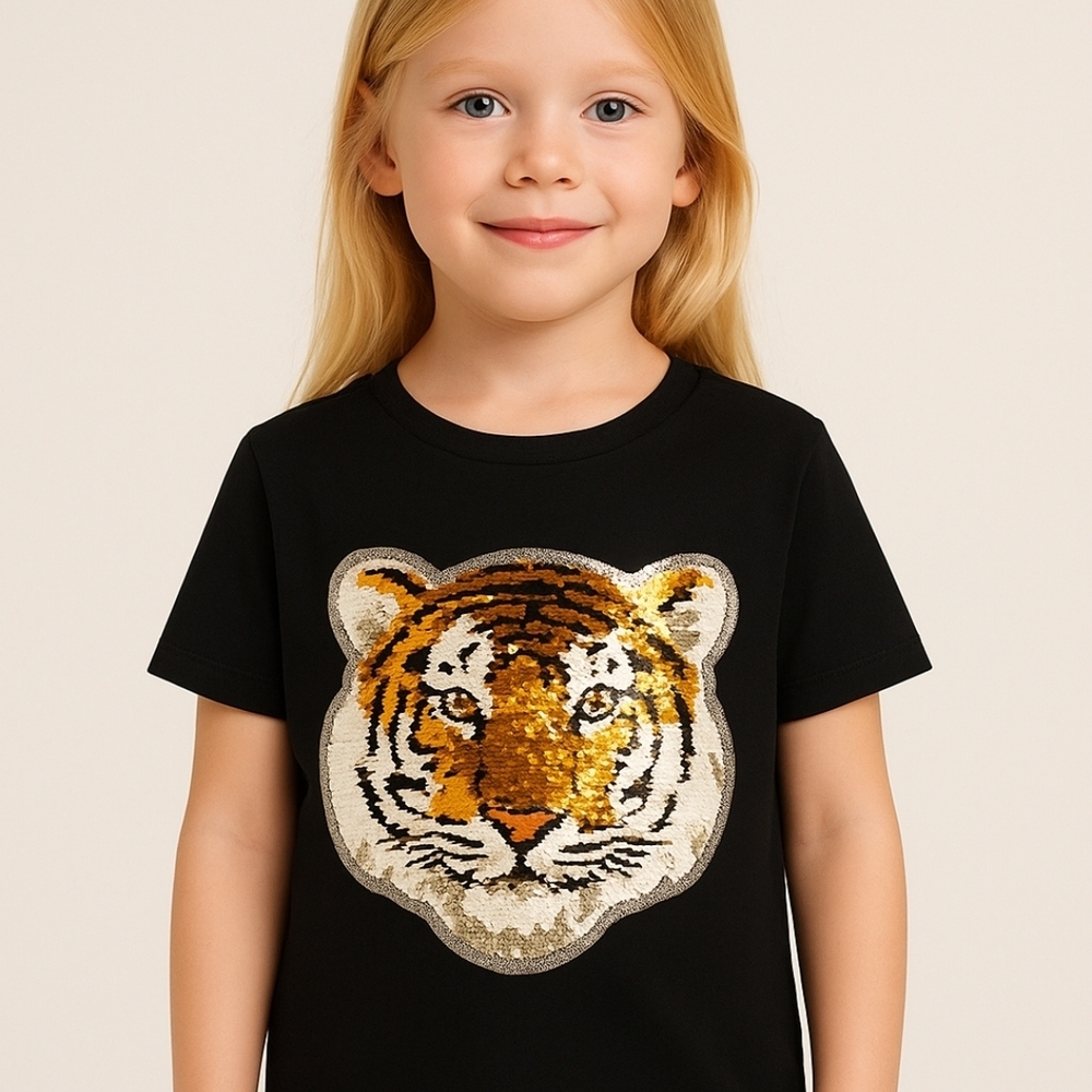 Black T-Shirt with Sequin Tiger Design